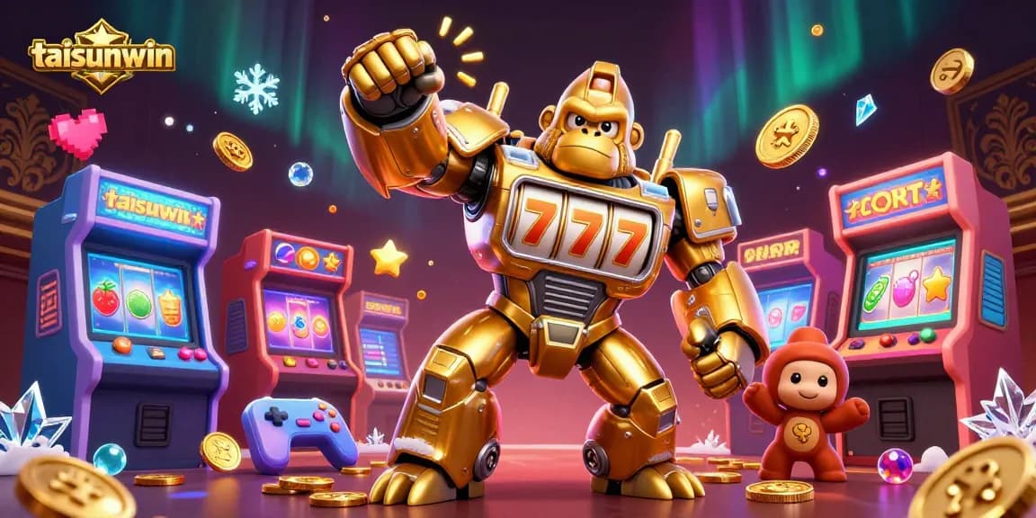 Experience the excitement of taisunwin with a dynamic casino-themed 3D illustration featuring a golden gorilla mech.