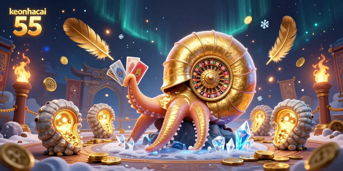 Place bets with keonhacai 55 as a giant nautilus deals cards in a vibrant casino setting.
