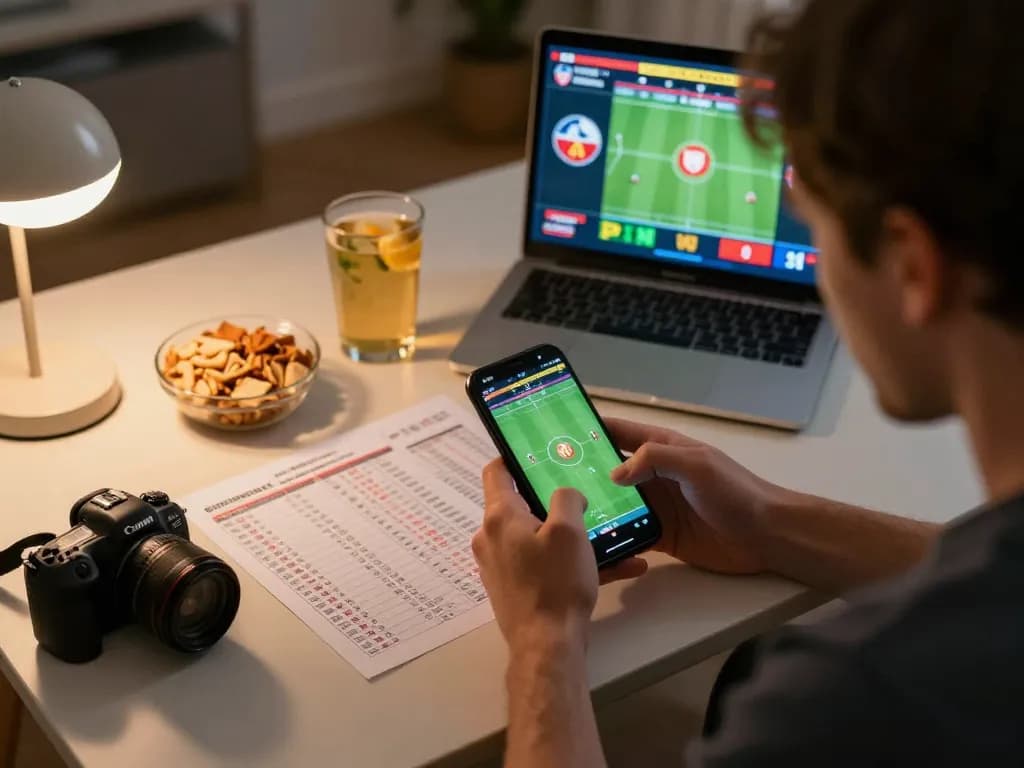 Engaging in sports betting on mk8th app, showing smartphone with match odds and lively home atmosphere.