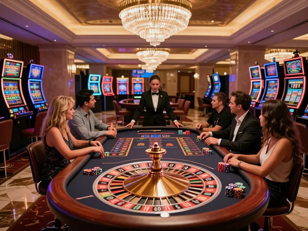 KJC players engaging at a roulette table in a luxurious casino setting.