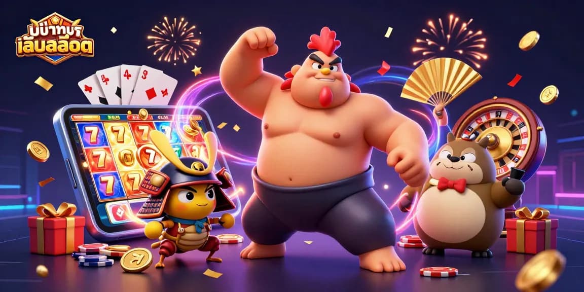 Experience ทดลองเล่นสล็อต excitement with a dynamic sumo wrestler, samurai cricket, and tanuki in a captivating casino scene.