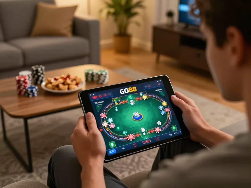 Engaging with GO88's online gaming on a tablet in a cozy living room setting