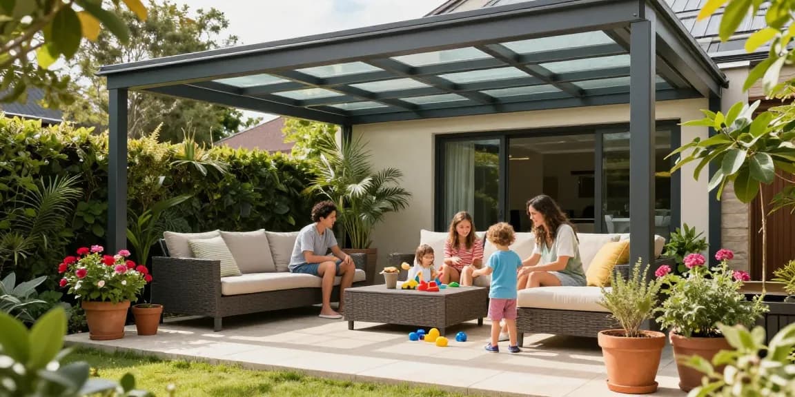 Moderne Terrassenüberdachung mit Familie im Garten, sonniger Nachmittag