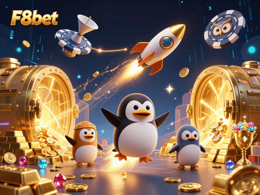 Experience thrilling wins with F8bet as a golden penguin races toward a cosmic casino.