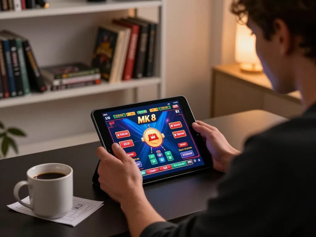 Engaging in mk 8 online casino gaming with vibrant tablet display and betting notes.