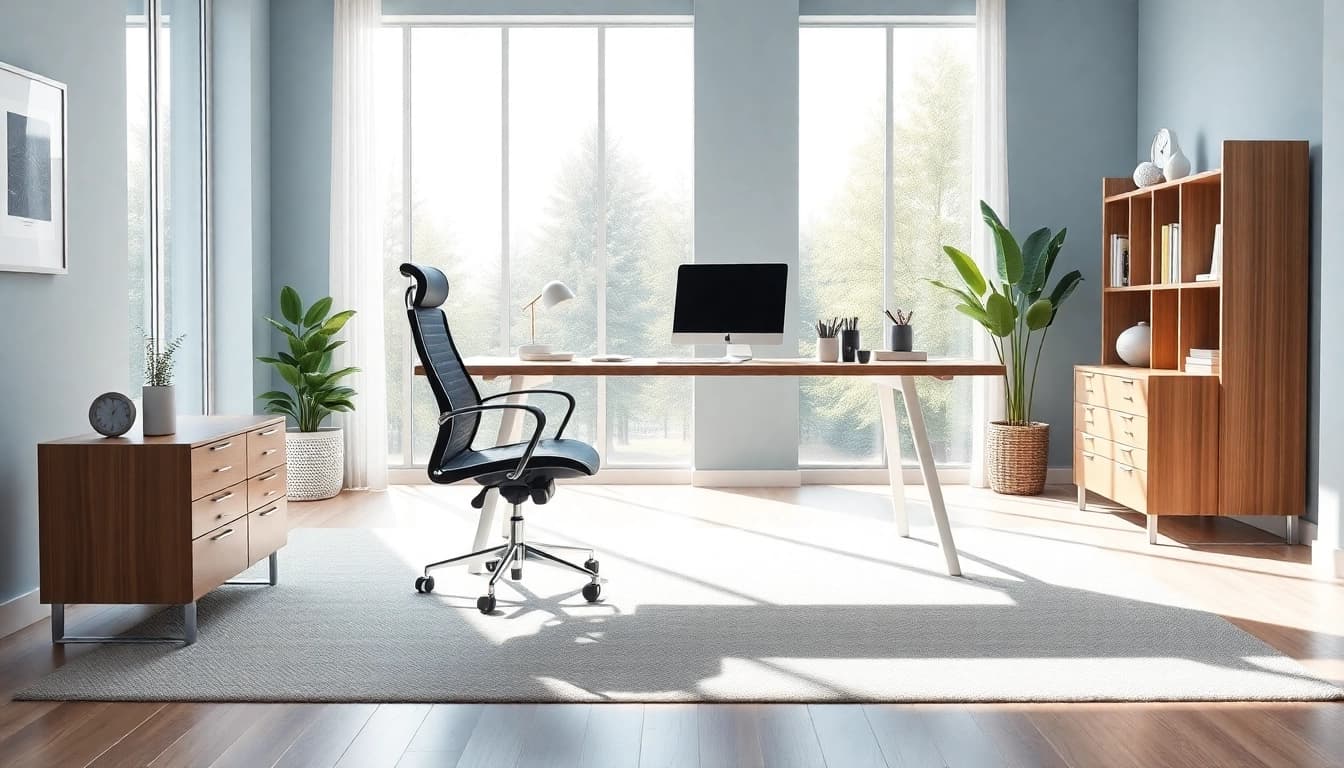 Ergonomic Büromöbel in einer stilvollen Büroeinrichtung mit natürlichem Licht.