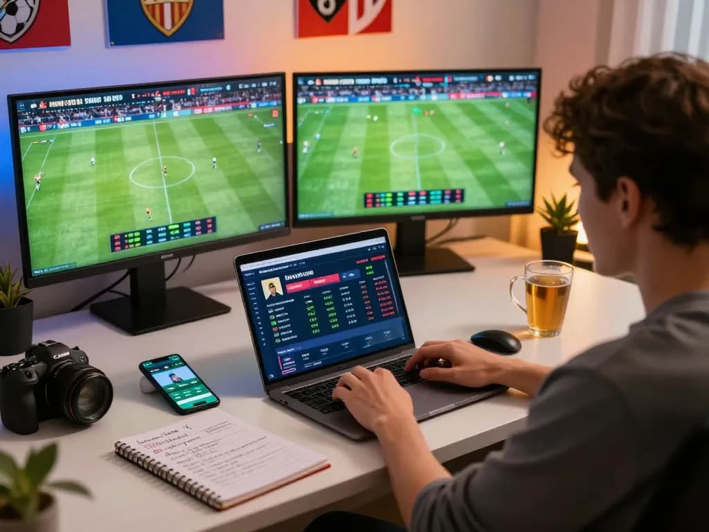 Engaging home betting setup showcasing nowgoal trang soi kèo with live scores and betting options in a modern office