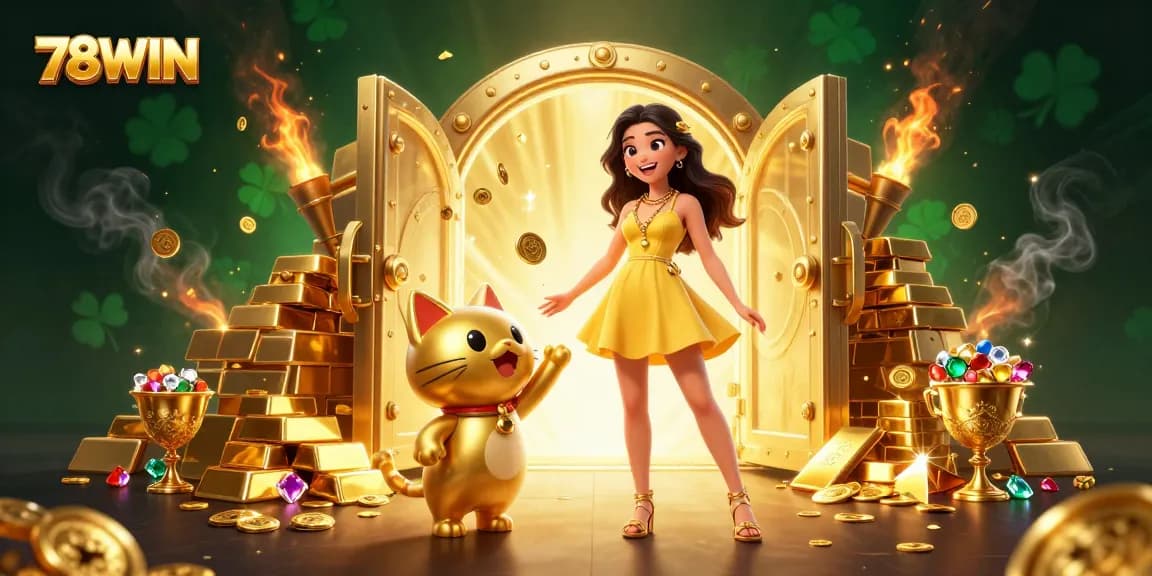 A cheerful Asian woman interacts with a lucky cat at 78WIN, surrounded by sparkling casino treasures.