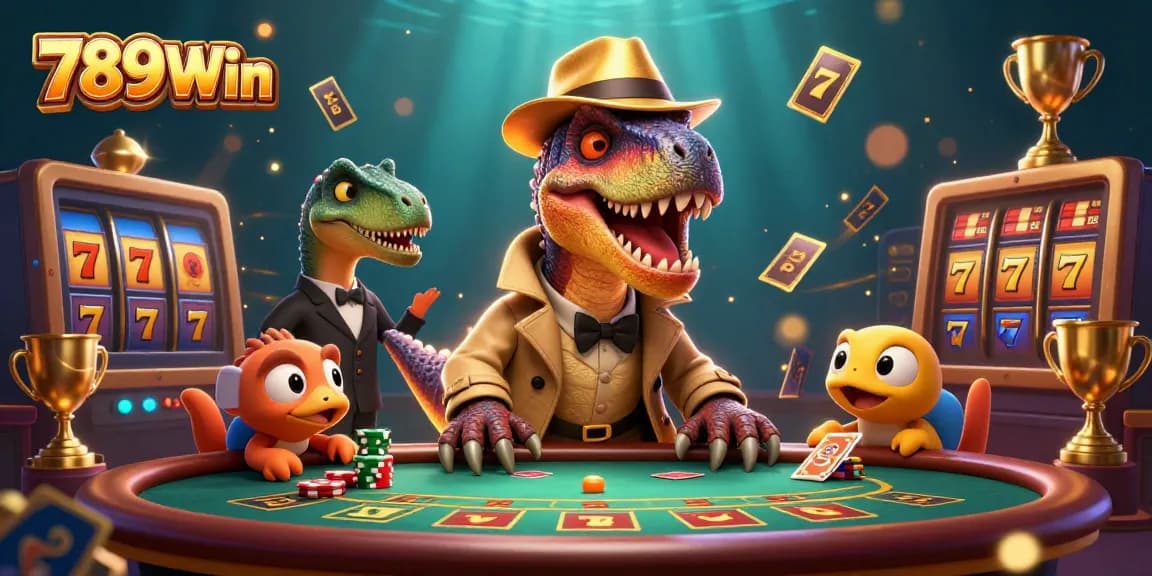 Engage with 789Win at a dynamic blackjack table featuring cartoon dinosaurs in a playful casino scene.