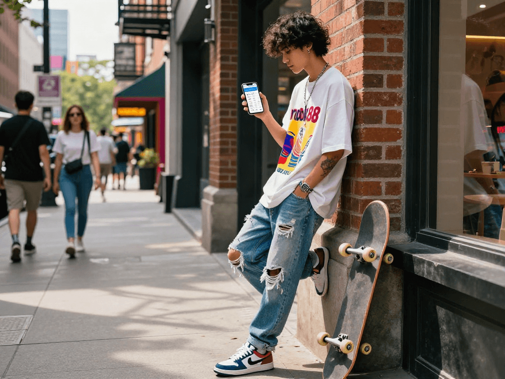 Engaging youth using rokok88 app in a lively urban street environment