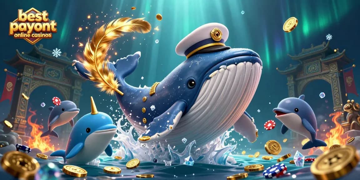 Engage with the best payout online casinos featuring a whale, narwhal, and dolphins in a dynamic sea of coins.
