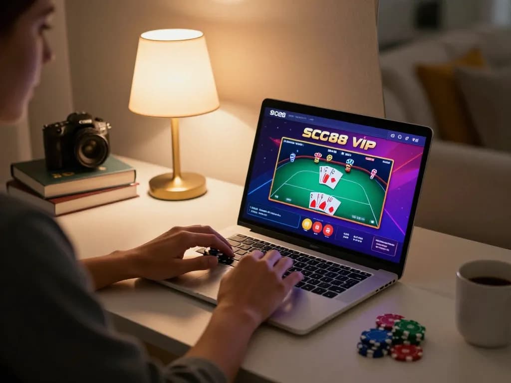 Player engaging with SC88 Vip poker game online, highlighting strategic gameplay and comfortable home environment