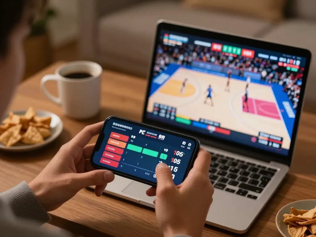 Engaging online sports betting at home, using smartphone for live bets on basketball game, showcasing sc 88 action