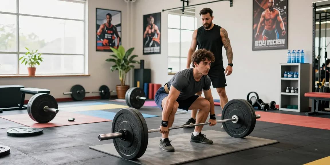 Anabolika Shop athlete performing deadlifts in a vibrant gym, showcasing strength and dedication with weights and an encouraging atmosphere.