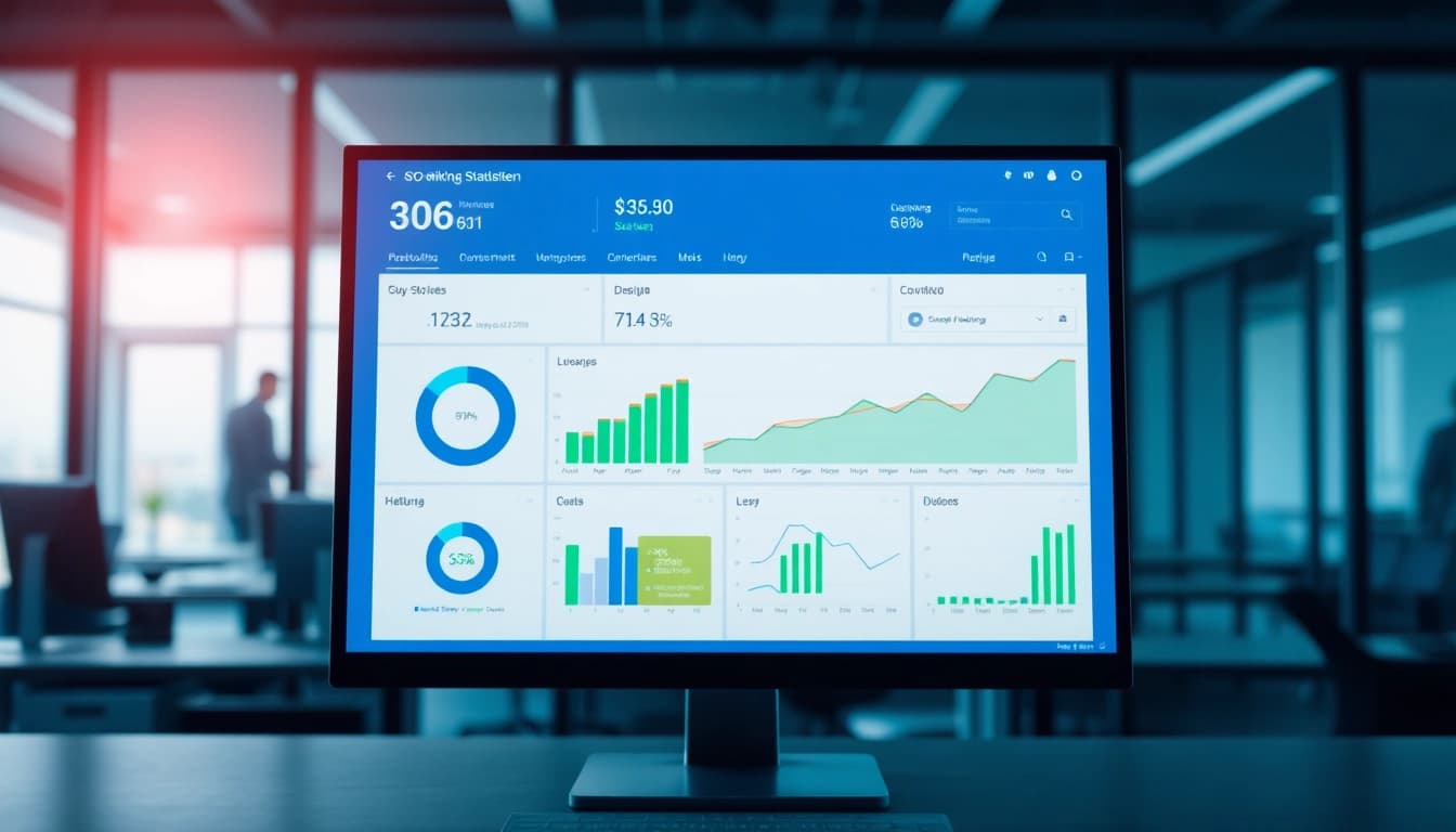 Visualisieren Sie die Statistiken zum SEO-Ranking mit einem klar strukturierten Dashboard auf einem Computermonitor.