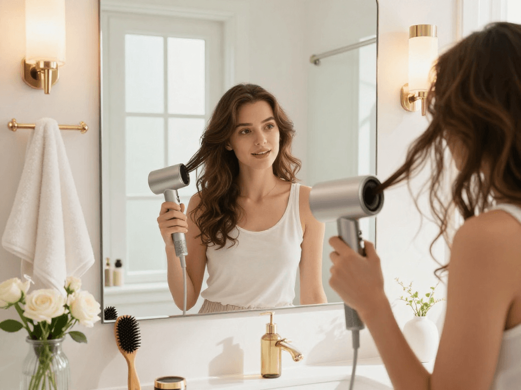 A young woman using a small hair dryer in a stylish bathroom, showcasing modern beauty products.