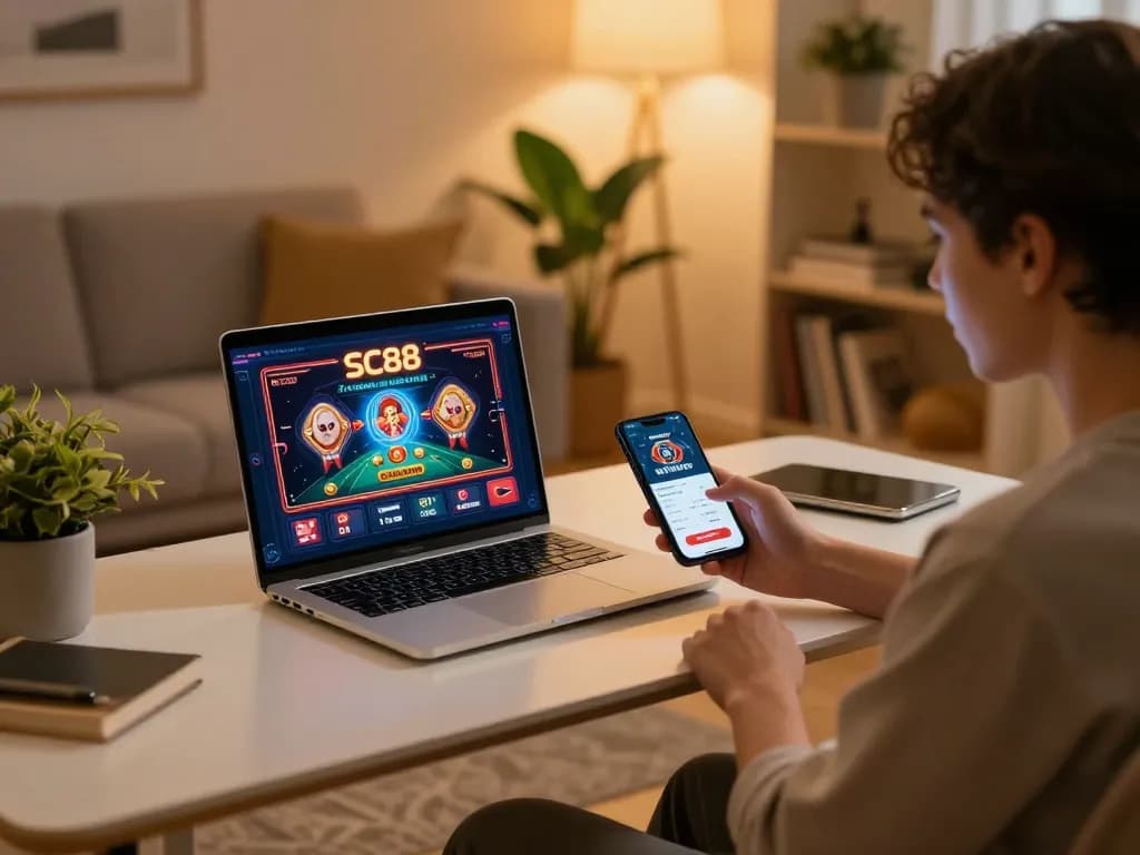 SC88 mobile app showcased as user engages with online casino games, promoting responsible gaming