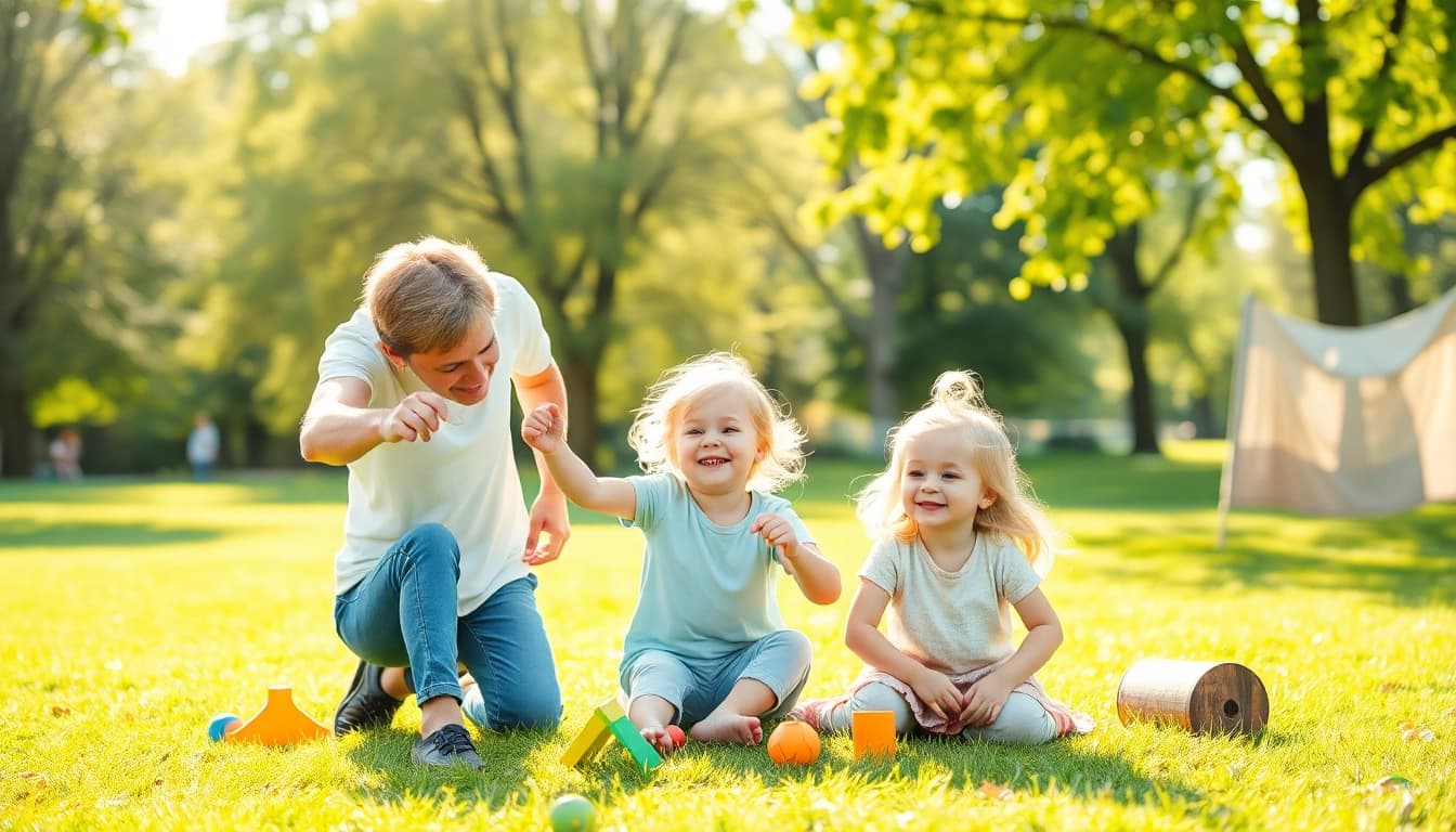 Kindererziehung in Aktion: Familie genießt gemeinsame Zeit im Park mit Spielen und Lachen.