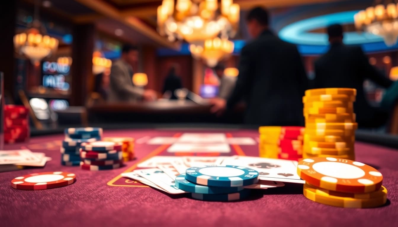 Glücksspiel auf casinospielen.de mit lebhaften Spieltischen und bunten Chips festgehalten.