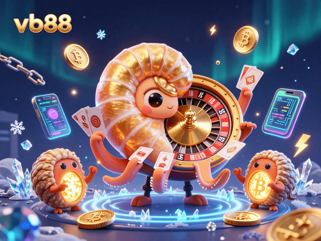 Play exciting games at vb88 with a vibrant 3D casino illustration showcasing crypto elements.