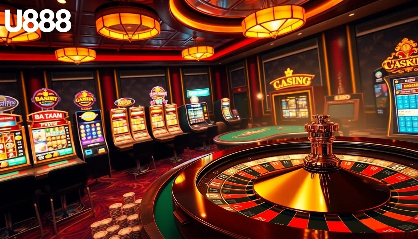Experience the thrill of U888 with interactive casino games in a vibrant, luxurious setting.