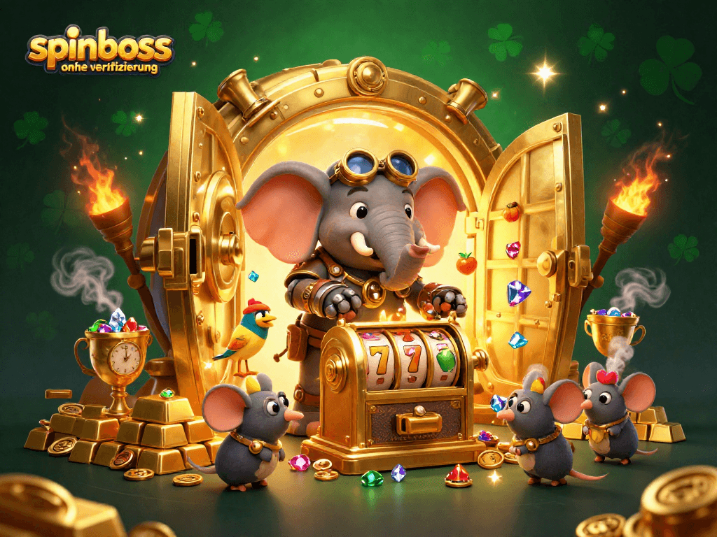 Spielautomaten-Action mit spinboss ohne Verifizierung und einem Ingenieur-Elefanten in einem Casino-Szenario.