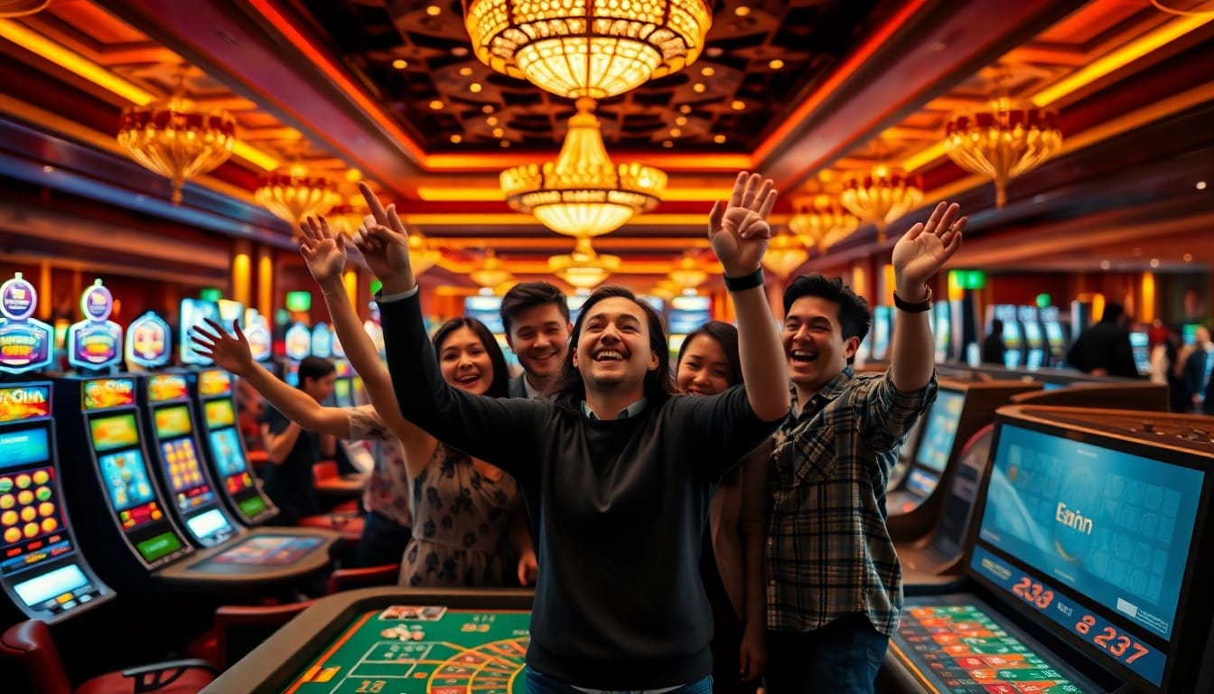 A bold celebration at a magyar online casino showcasing excitement and a luxurious atmosphere.