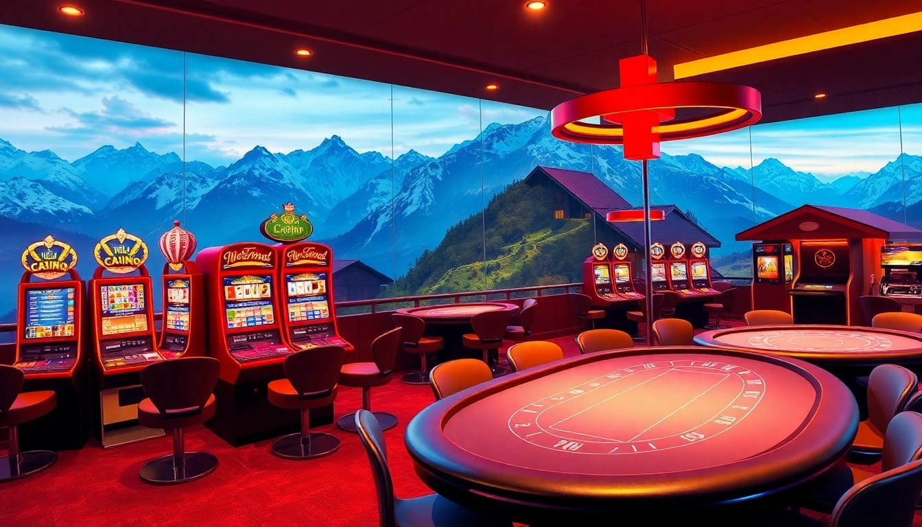Playing exciting games at an online casino schweiz, showcasing slots and live tables against a Swiss backdrop.