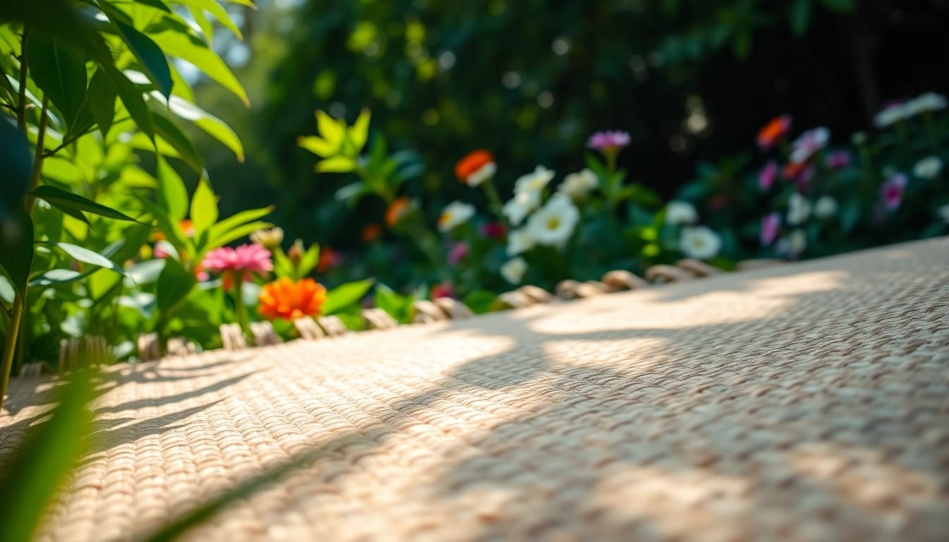 Die Hanfmatte in einem ruhigen Garten, umgeben von bunten Blumen und Grün.