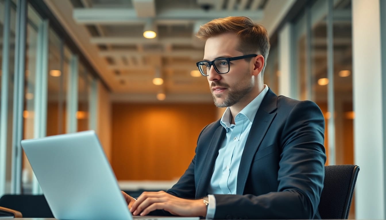Headhunter berät Kandidaten in einem modernen Büro mit einem Laptop.
