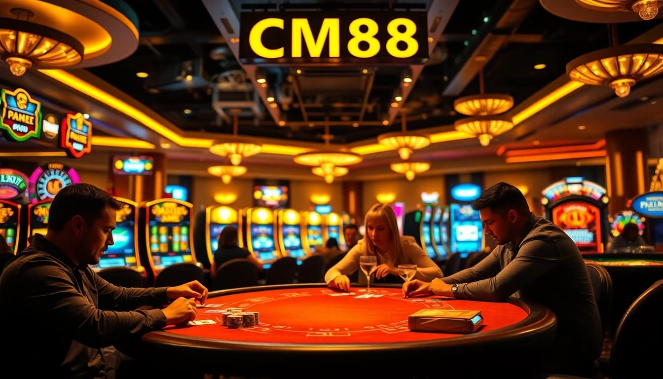 Experience the excitement of CM88 at a luxurious casino with poker tables and vibrant slot machines.