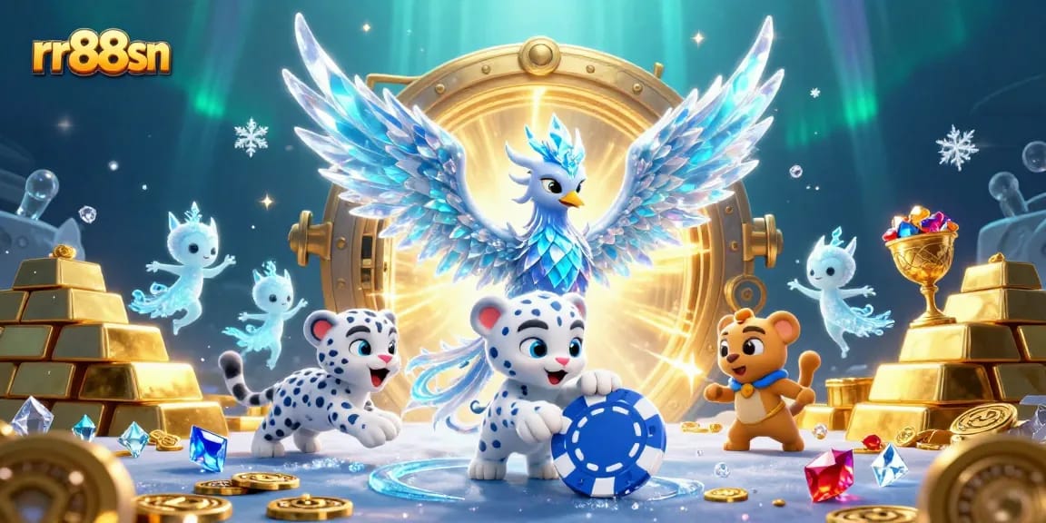Engage with rr88sn's captivating gaming world featuring an ice phoenix, snow leopard, and treasures.