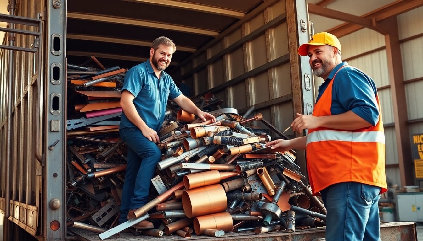 Efficient Schrottabholung Remscheid service with a team loading various scrap metals into a truck, ensuring smooth operations.