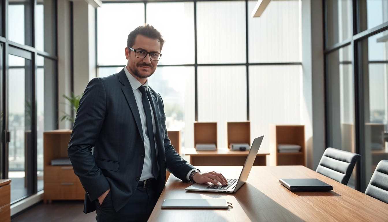 Headhunter Geschäftsführer arbeitet konzentriert an einem Laptop in einem modernen Büro.