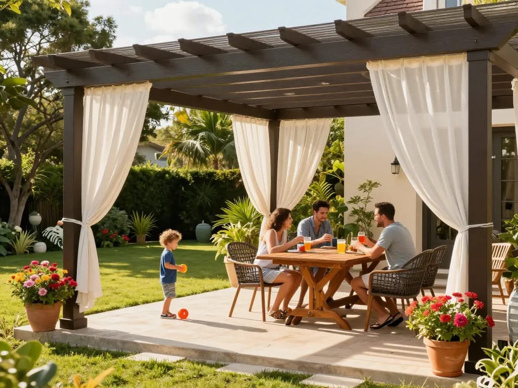 Terrassenüberdachung, die den Außenbereich aufwertet, Familie, die unter einer stilvollen Pergola im wunderschön gestalteten Garten Qualitätszeit verbringt.