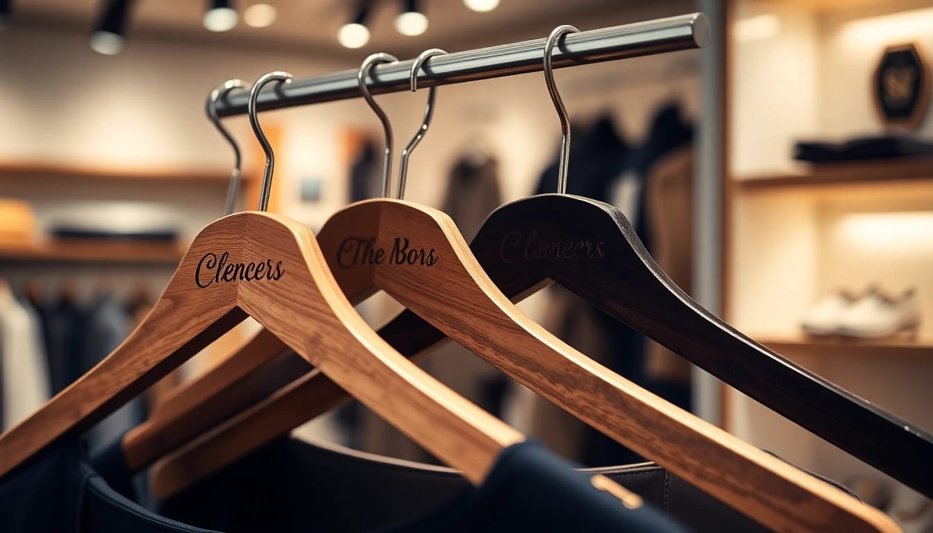 Selling exquisite Kleiderbügel mit eigenem branding showcasing personalized designs in a chic boutique.