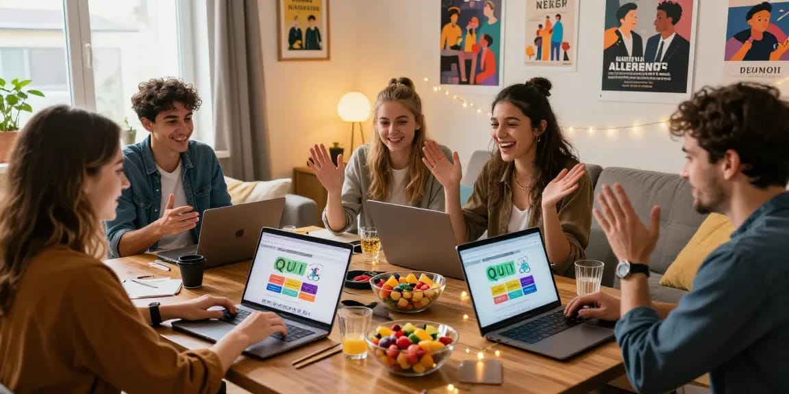 Friends enjoying a lively quiz night using Quiz Allgemeinwissen in a cozy living room, showcasing teamwork and fun.