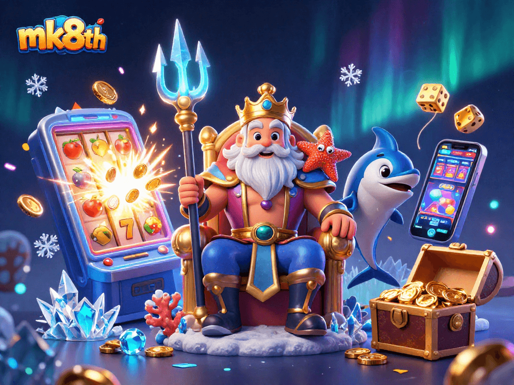 Experience vibrant casino excitement with mk8th featuring Neptune and gaming elements in a dynamic scene.