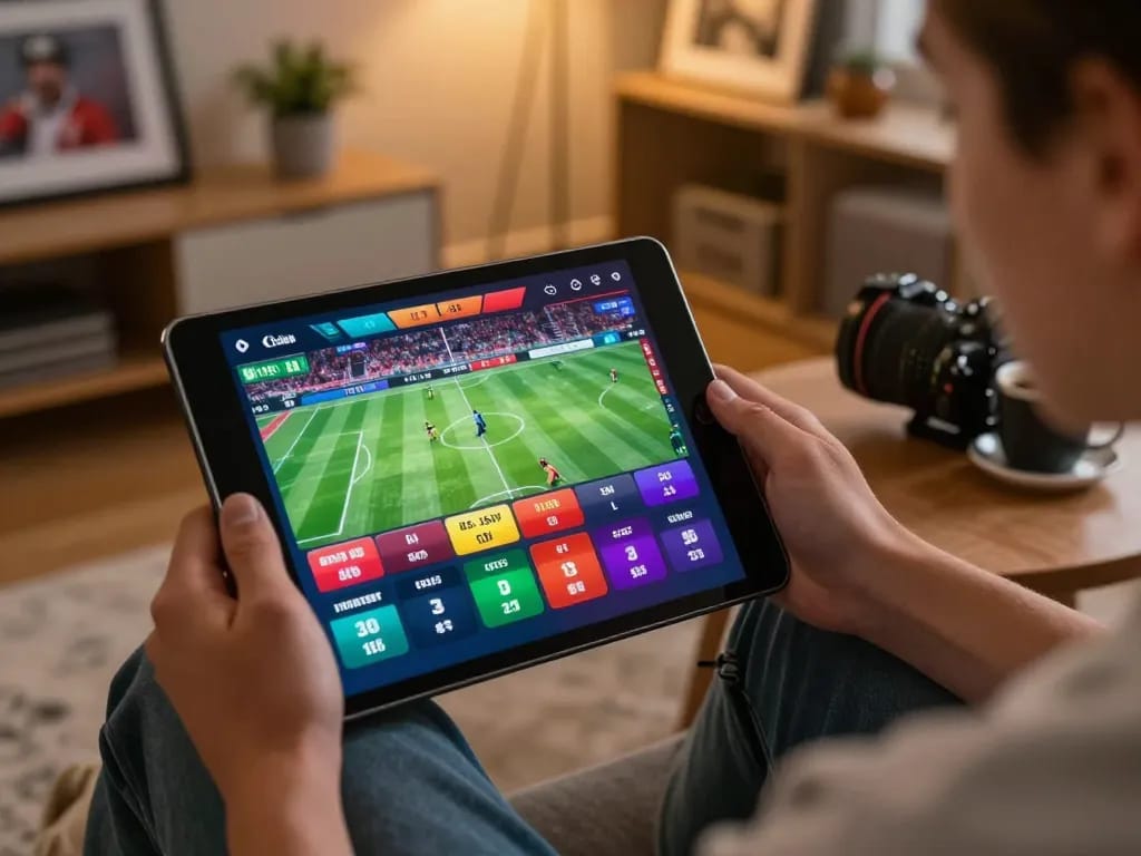 Placing live bets on mb668.co during a sporting event, showcasing a tablet interface in a cozy home