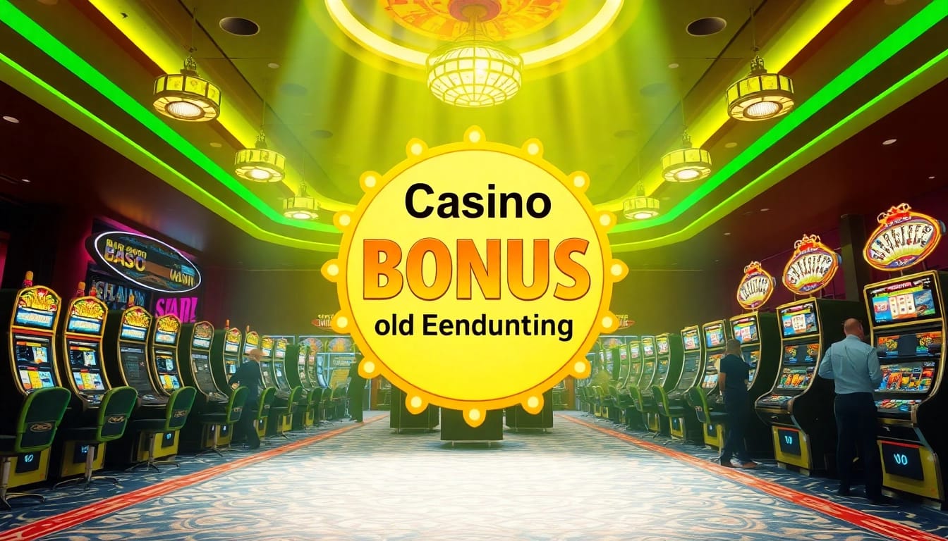 Erhalte Casino Bonus ohne Einzahlung mit glücklichen Spielern und leuchtenden Spielautomaten im Hintergrund.