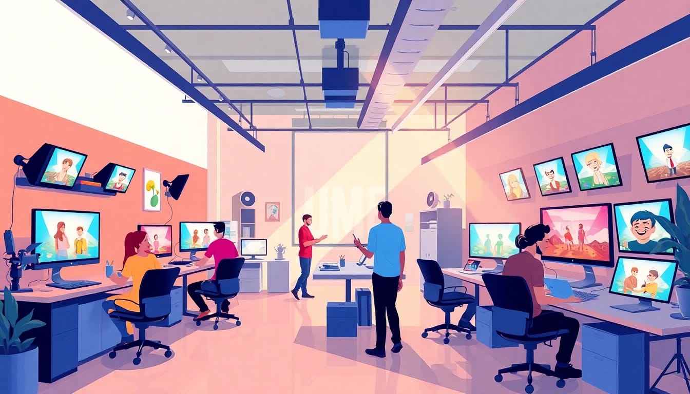 Creative team at the Animationsagentur working on animated projects in a vibrant studio setting.