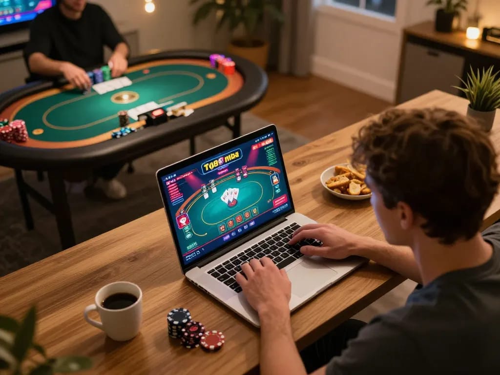 Engaged player at a tg88 mba online casino game, highlighting excitement and strategy.