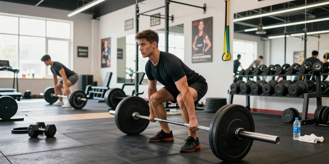 Ein Mann hebt Gewichte in einem hellen Fitnessstudio, das den Anabolika Shop Deutschland hervorhebt und das Krafttraining betont.
