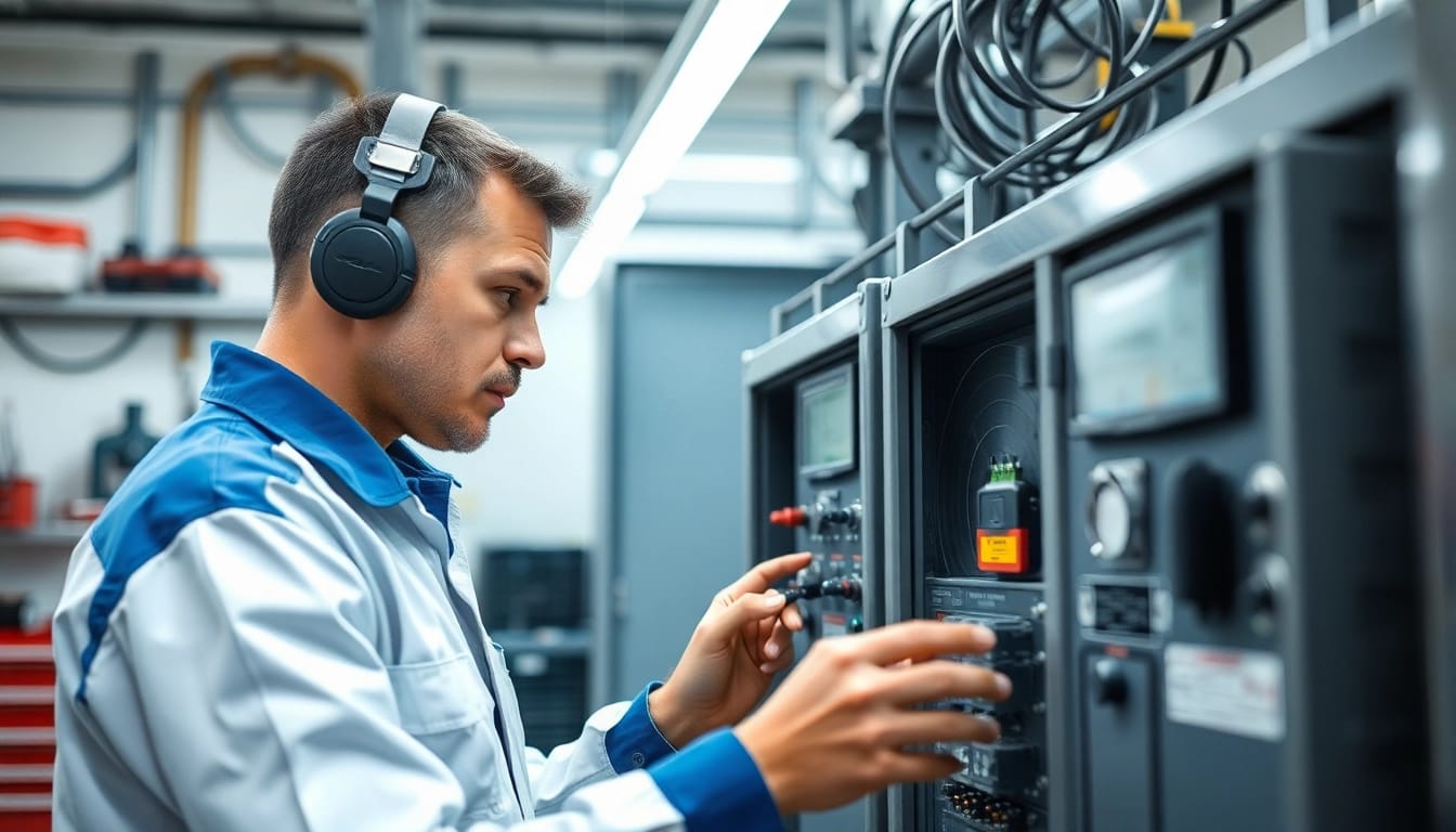 Technician conducting a DGUV V3 Prüfung on electrical equipment in a safety-focused industrial environment.