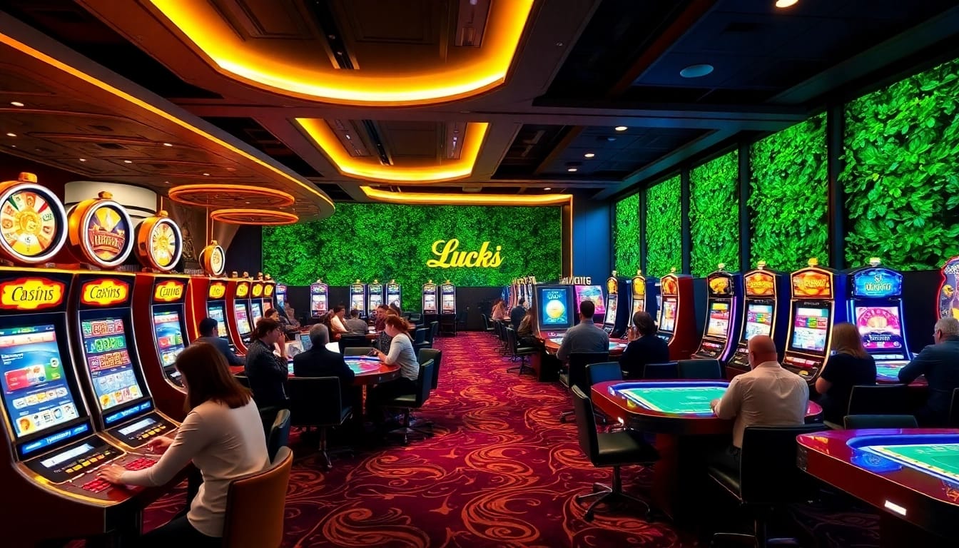 A modern magyar online casino atmosphere with players enjoying various games in a vibrant setting.
