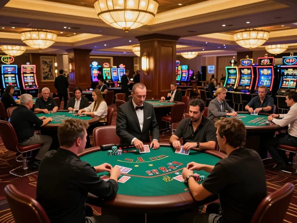 Engaged players at blackjack tables during an exciting night at the casino exploring qq88 là gì.