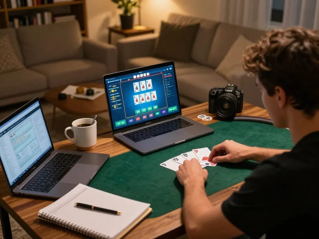 Engaged player using Plagiat Scanner while analyzing online poker game, showcasing strategic gameplay.