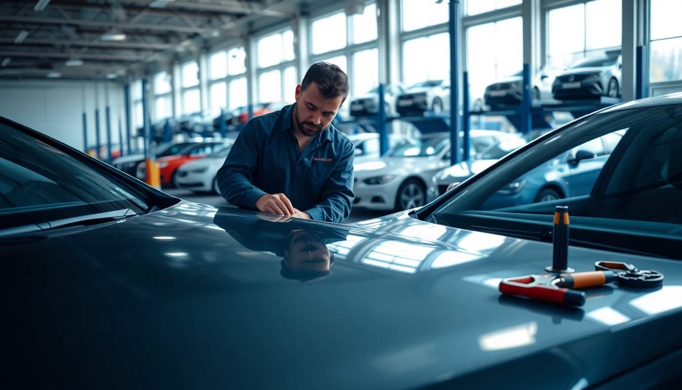 Hagelschaden Reparatur München durch einen erfahrenen Mechaniker, der fachgerecht Dellen behandelt.