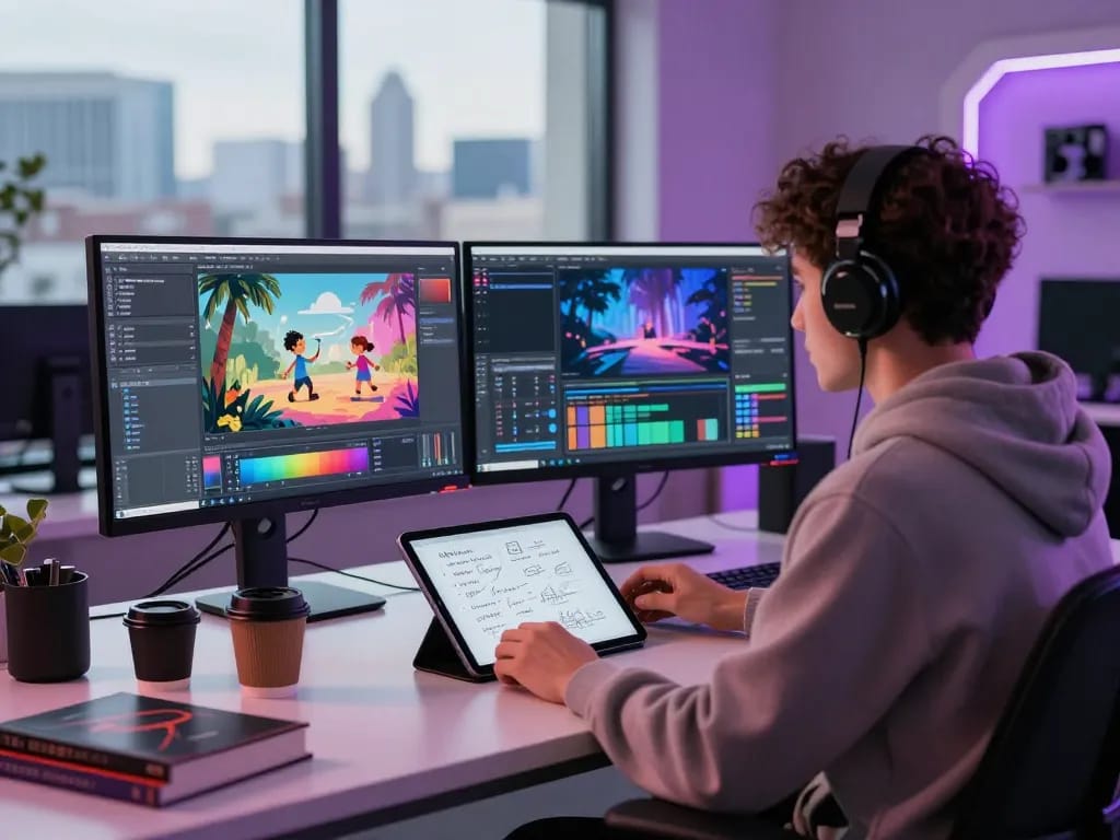 Dynamic workspace featuring motion control ai software on dual monitors, inspiring tech environment.