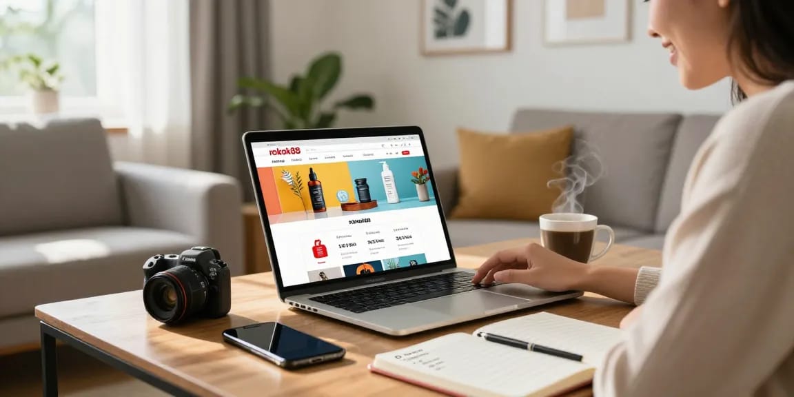 Engaging rokok88 login experience shown in a cozy living room during online shopping.